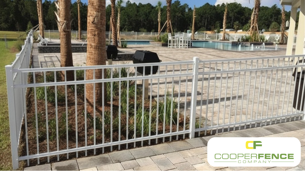 White aluminum safety fence installed around a commercial swimming pool deck with palm trees and pavers